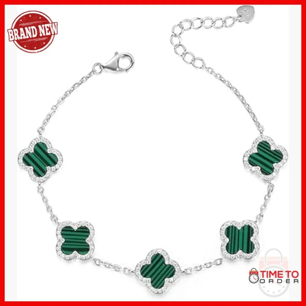 925 Sterling Silver Adjustable Malachite Clover Charm Bracelet